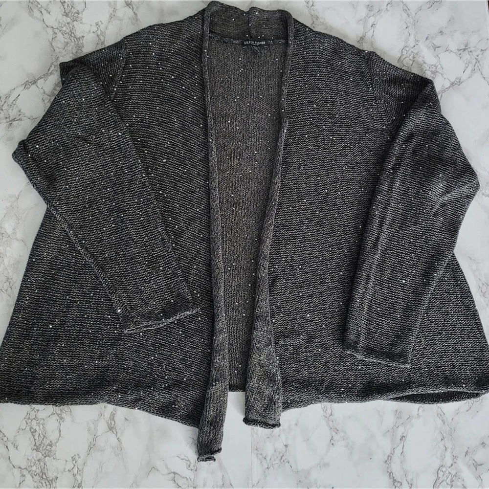 Eileen Fisher Charcoal Sequin Open Front Cardigan - image 3